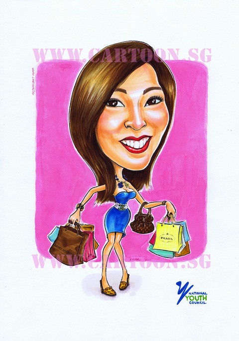 Lady with shopping bags smiling caricature